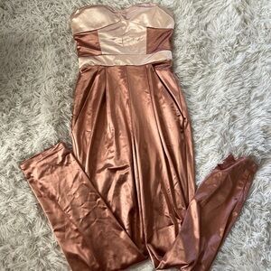 Crystal Doll Rose Gold Strapless Satin Jumpsuit Size 3